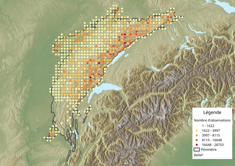 Carte de la répartidion des observations floristiques jurassiennes