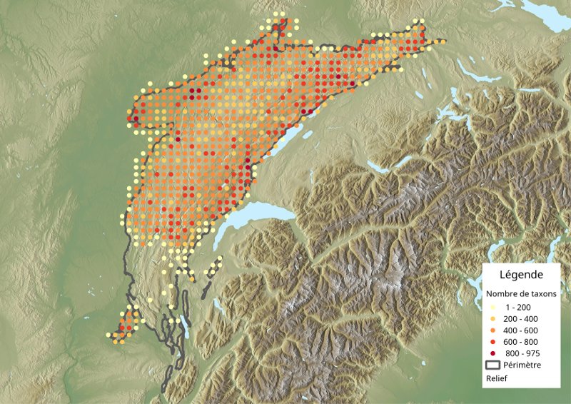 Carte de la répartidion des observations floristiques jurassiennes